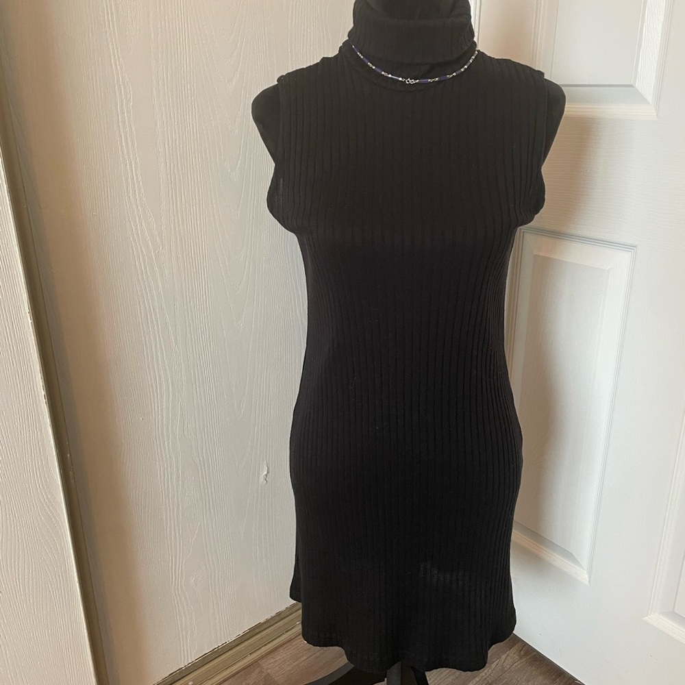 Forever Young Black Ribbed Midi Turtleneck Dress Size L
